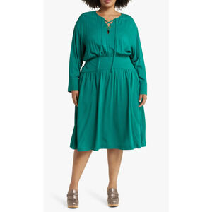 Treasure & Bond Lace Up Front Long Sleeve Midi Dress Green Size XL Flowy Pockets